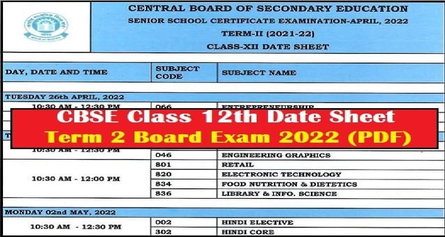 12 Board Exam Date 2022