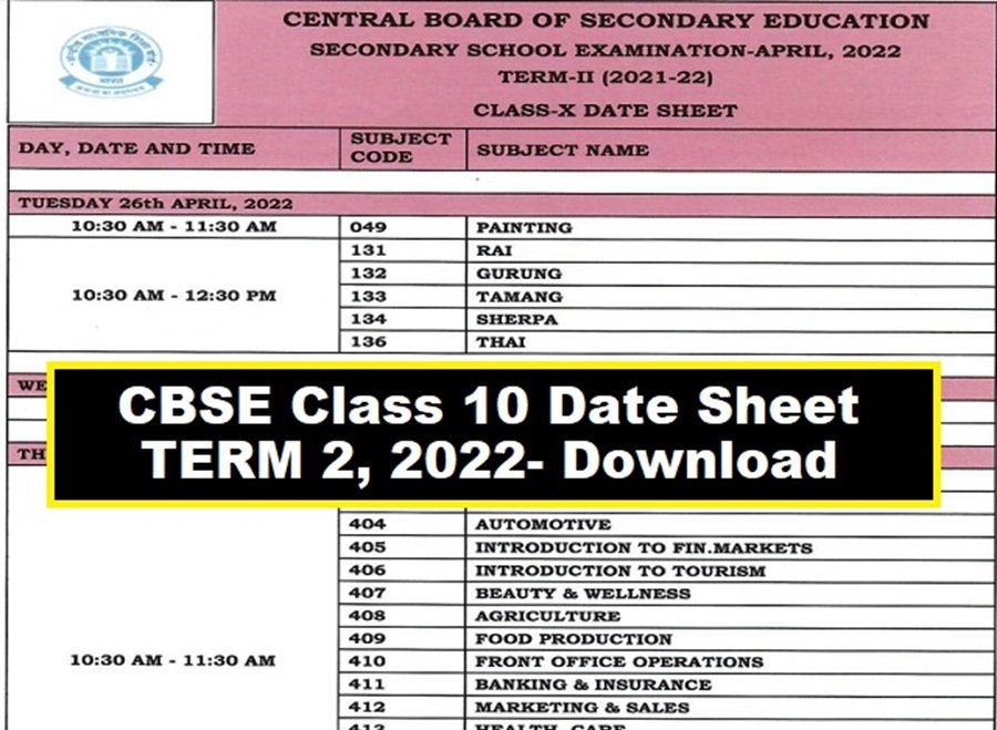 Class 10 Date Sheet 2022